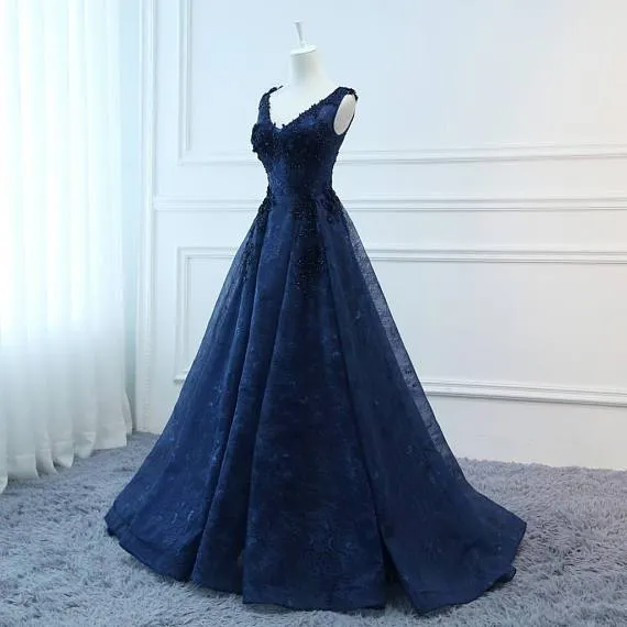 Most Popular V-neck A-line Lace Navy Blue Long Prom Dresses, TYP0113