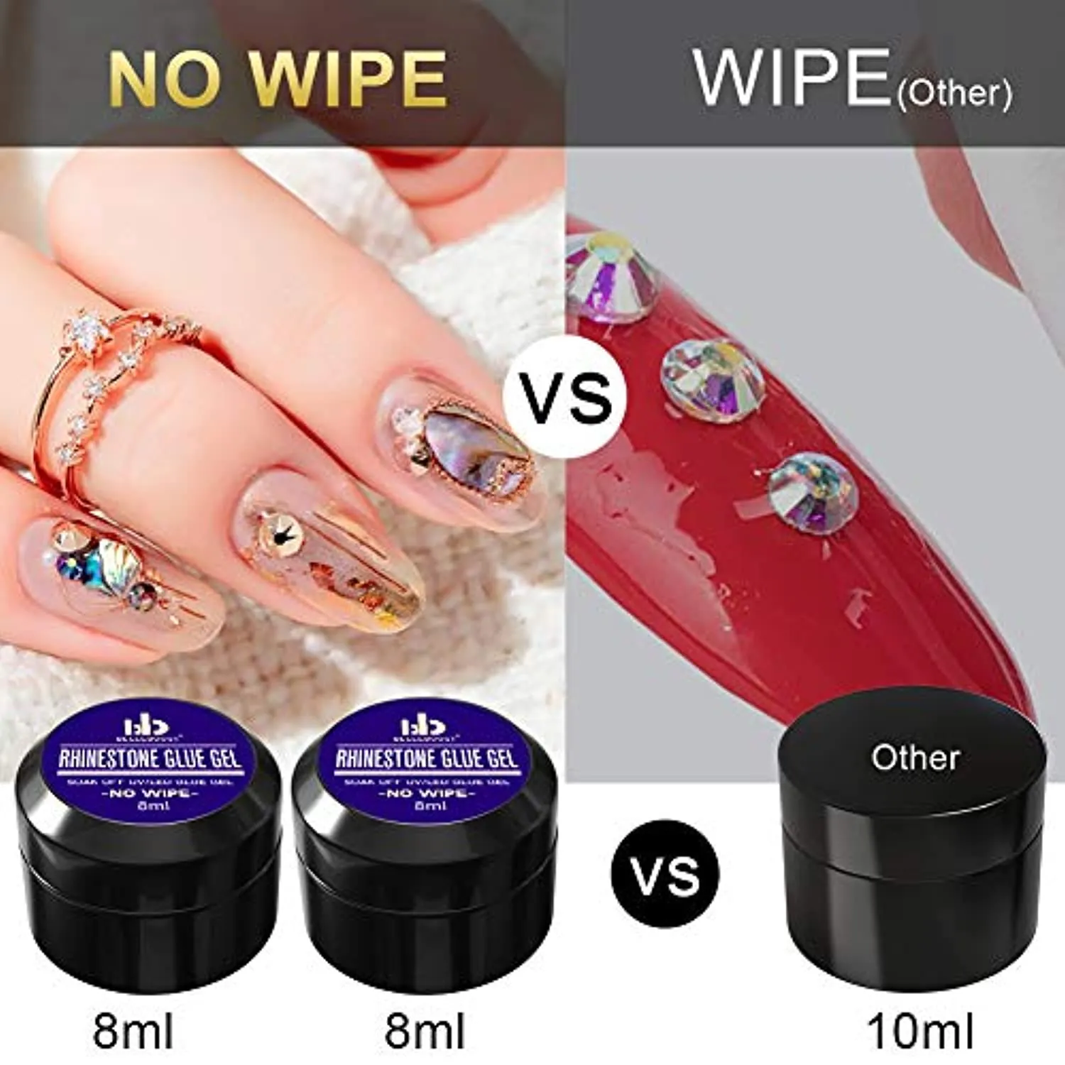 Nail Art 8ml×2 NO WIPE Rhinestone Glue Gel Adhesive Resin Gem Bead Stone Jewelry Diamond Gel Nail Polish Clear Decoration With Nail Rhinestones(Acrylic Rivet)＆Dual-Use Pen Tool (LED Light Cure Needed)