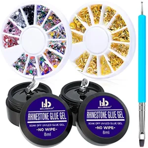 Nail Art 8ml×2 NO WIPE Rhinestone Glue Gel Adhesive Resin Gem Bead Stone Jewelry Diamond Gel Nail Polish Clear Decoration With Nail Rhinestones(Acrylic Rivet)＆Dual-Use Pen Tool (LED Light Cure Needed)