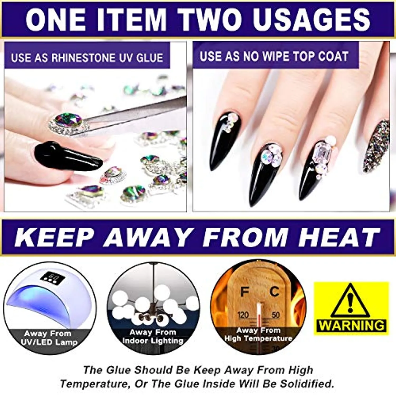 Nail Art 8ml×2 NO WIPE Rhinestone Glue Gel Adhesive Resin Gem Bead Stone Jewelry Diamond Gel Nail Polish Clear Decoration With Nail Rhinestones(Acrylic Rivet)＆Dual-Use Pen Tool (LED Light Cure Needed)
