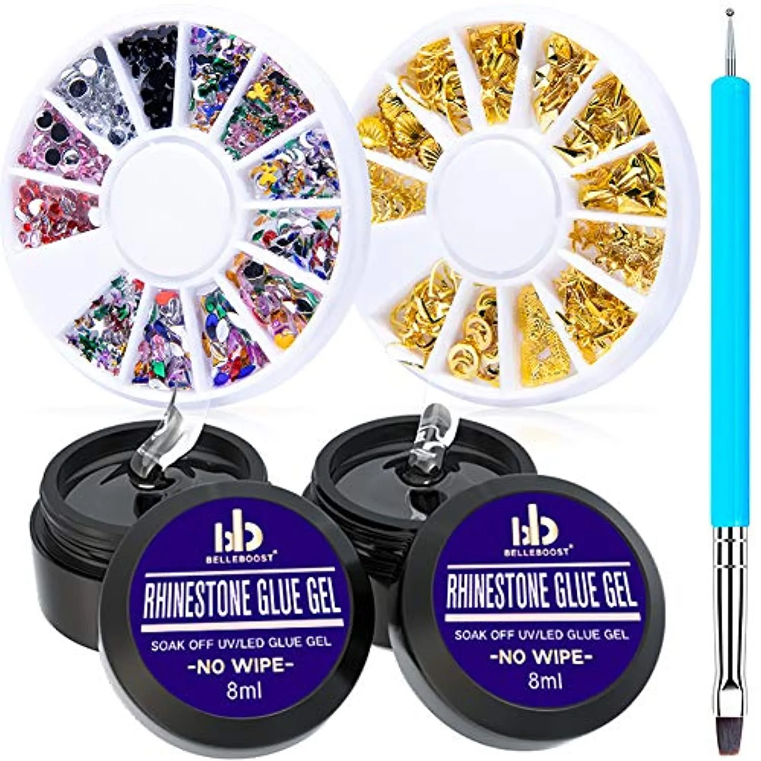 Nail Art 8ml×2 NO WIPE Rhinestone Glue Gel Adhesive Resin Gem Bead Stone Jewelry Diamond Gel Nail Polish Clear Decoration With Nail Rhinestones(Acrylic Rivet)＆Dual-Use Pen Tool (LED Light Cure Needed)