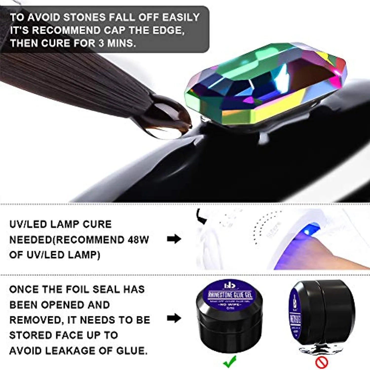 Nail Art 8ml×2 NO WIPE Rhinestone Glue Gel Adhesive Resin Gem Bead Stone Jewelry Diamond Gel Nail Polish Clear Decoration With Nail Rhinestones(Acrylic Rivet)＆Dual-Use Pen Tool (LED Light Cure Needed)