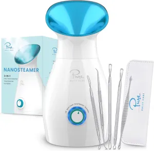 Nanosteamer Large 3-In-1 Nano Ionic Facial Steamer with Precise Temp Control - Humidifier - Unclogs Pores - Blackheads - Spa Quality - Bonus 5 Piece Stainless Steel Skin Kit (Teal)