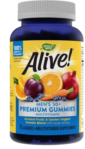 Nature's Way Alive! Men’s 50  Premium Gummy Multivitamins, Supports Multiple Body Systems, B-Vitamins, Gluten-Free, Vegetarian, Grape, Orange and Cherry Flavored Gummies, 75 Gummies