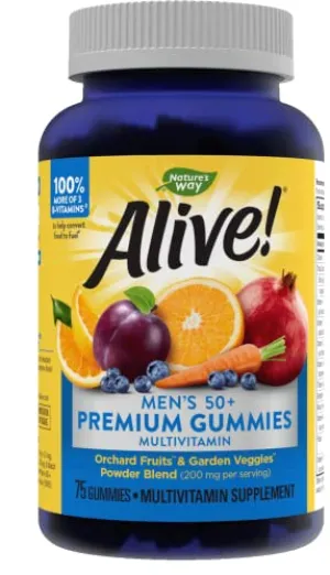 Nature's Way Alive! Men’s 50  Premium Gummy Multivitamins, Supports Multiple Body Systems, B-Vitamins, Gluten-Free, Vegetarian, Grape, Orange and Cherry Flavored Gummies, 75 Gummies
