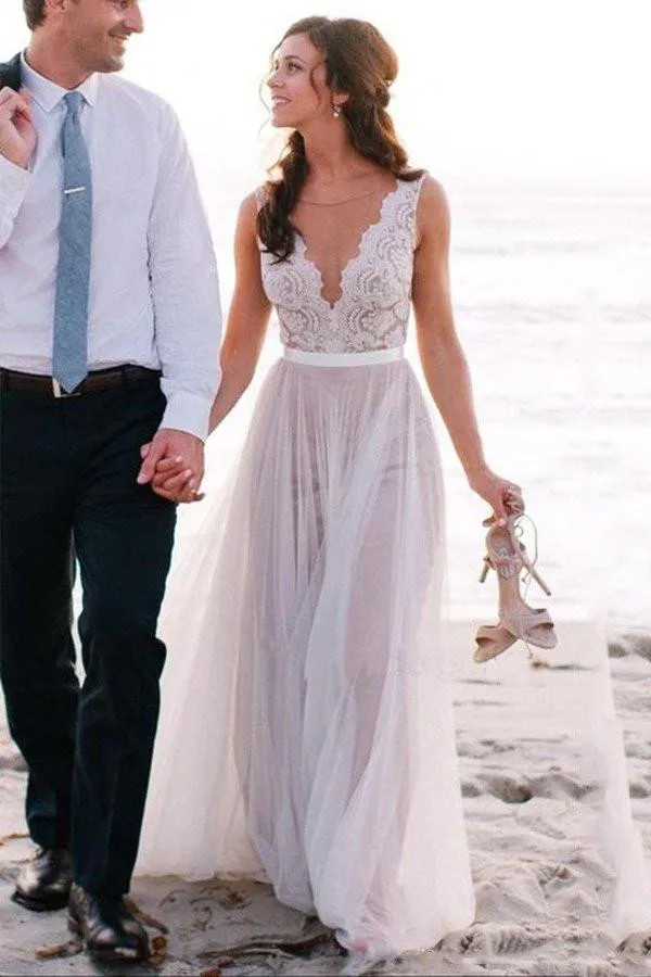 New Arrival  Beach Elegant Most Popular Lace A Line  Tulle Wedding Dress, WD0099