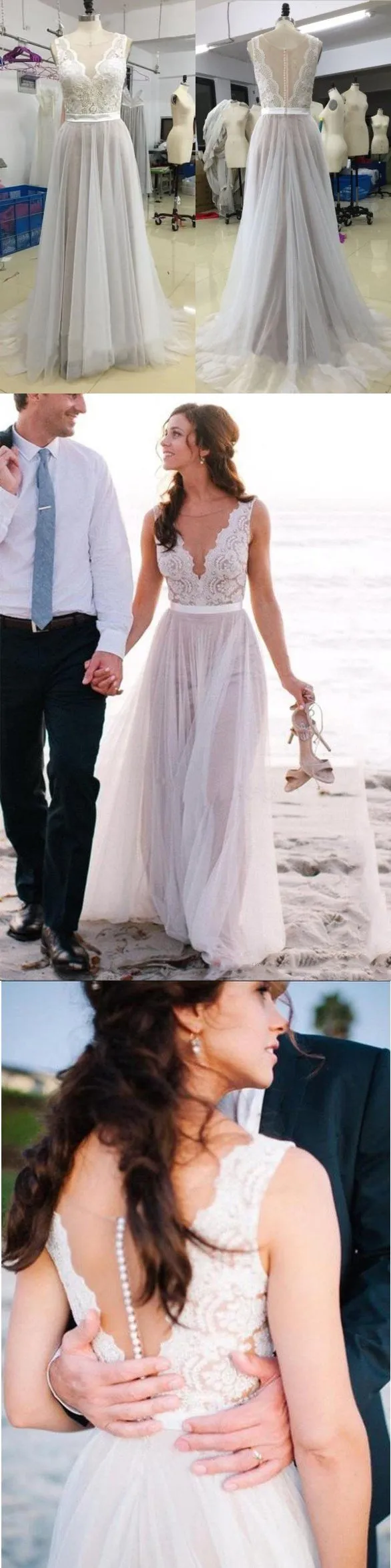 New Arrival  Beach Elegant Most Popular Lace A Line  Tulle Wedding Dress, WD0099