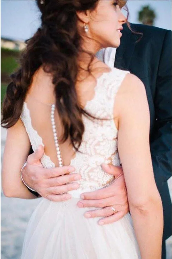 New Arrival  Beach Elegant Most Popular Lace A Line  Tulle Wedding Dress, WD0099
