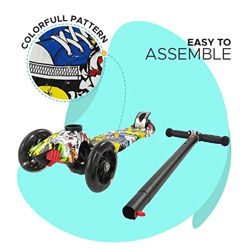 NHR Colorful Graffiti Scooty, 4 Wheel Scooter for Kids, Babies, Toddlers with Adjustable Height, LED Lights n Brake Scooter for Kids 3 to 10 Years (Anycolor)