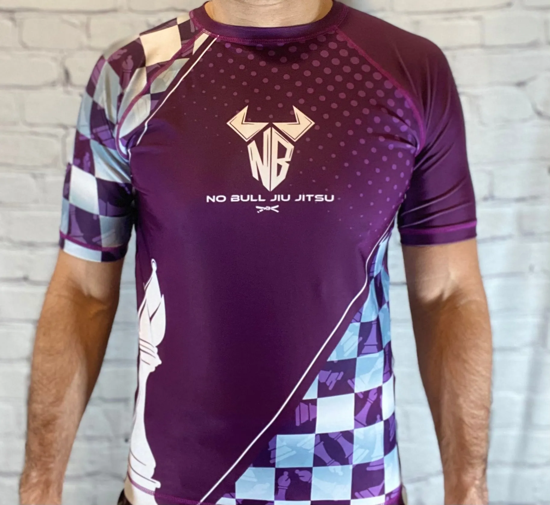 Noble Brands Jiu Jitsu BJJ Rash Guard Men’s Bjj No GI MMA Ranked Short Sleeve Compression Rash Guards - Purple Belt Bishop Chess Piece Design