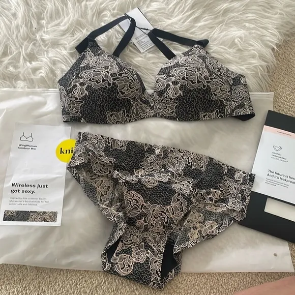 NWT Knix lace peony set - wing woman contour bra   leak proof bikini. S / 32a