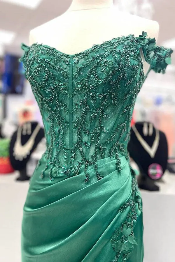 Off Shoulder Applique Pleated Mermaid Green Prom Dress TP1328