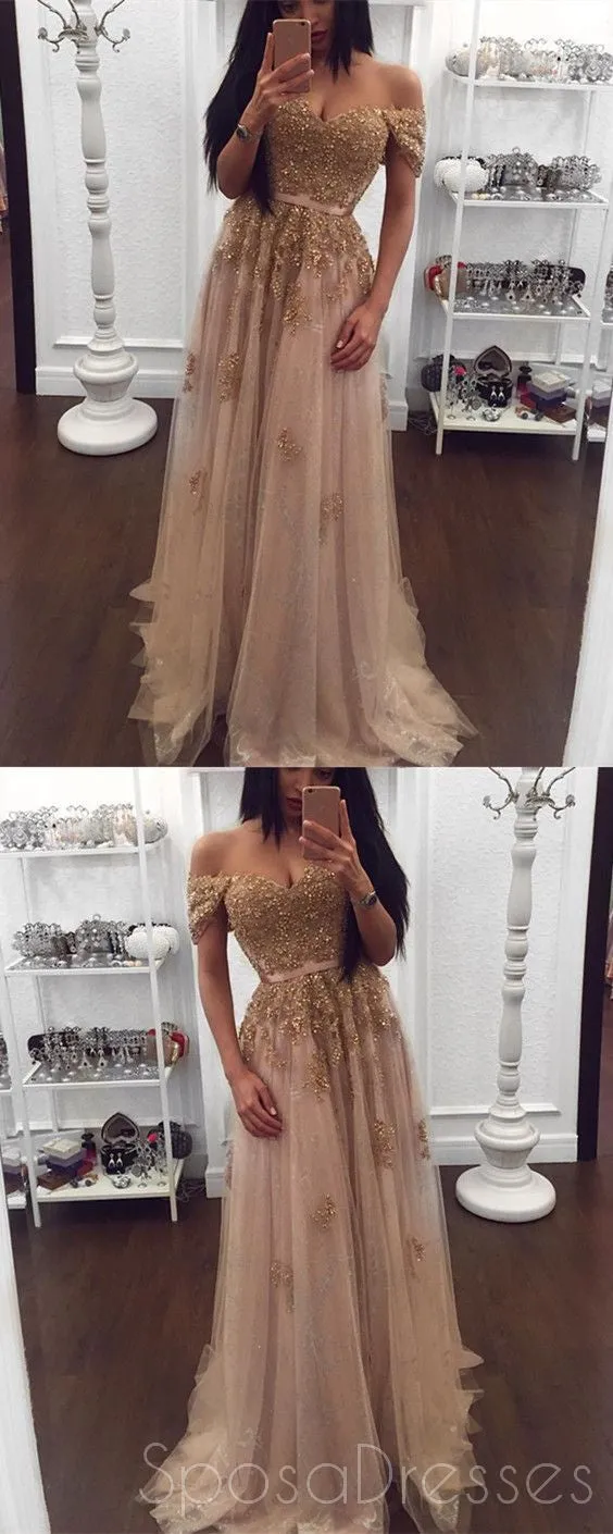 Off Shoulder Gold Lace Beaded Long Evening Prom Dresses, Popular Cheap Long Custom Party Prom Dresses, 17329