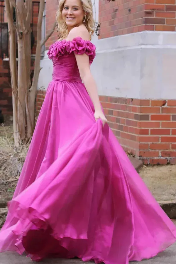 Off Shoulder Magenta Floral Long Prom Dresses With 3D Flowers TP1298