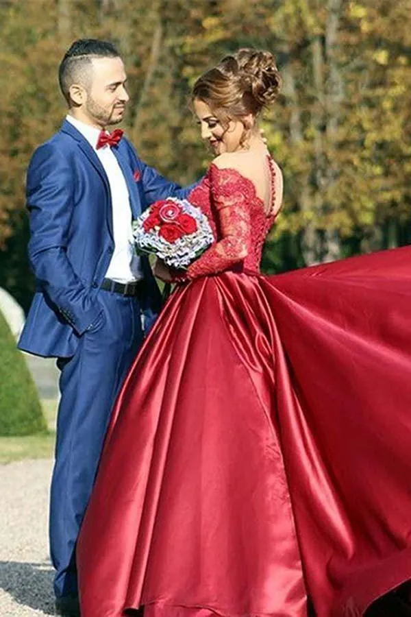 Off-the-Shouler Sweep Train Long Sleeves Burgundy Prom Dress  PG441