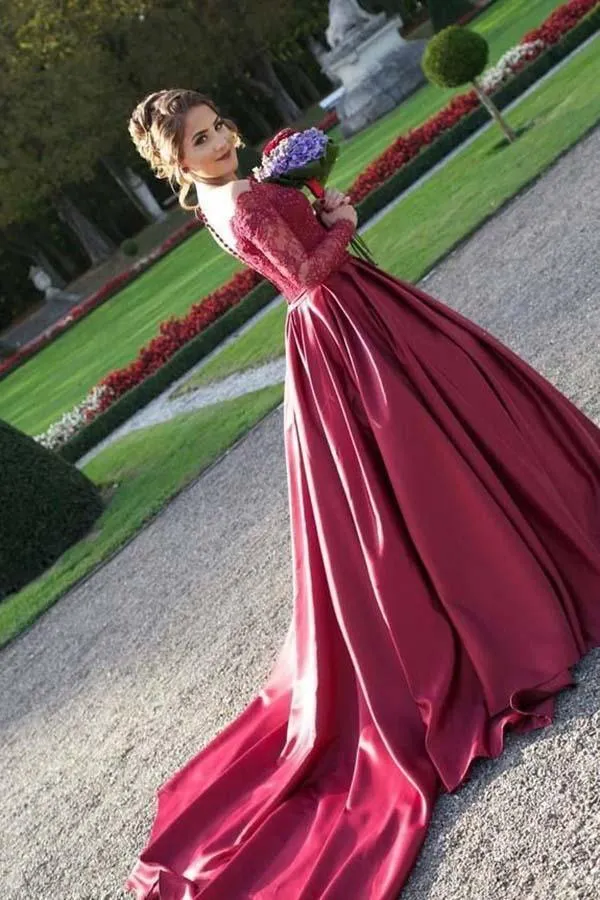 Off-the-Shouler Sweep Train Long Sleeves Burgundy Prom Dress  PG441