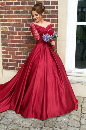 Off-the-Shouler Sweep Train Long Sleeves Burgundy Prom Dress  PG441