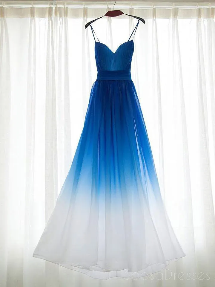 Ombre Blue Chiffon Sweetheart Neckline Long Evening Prom Dresses, Popular Cheap Long Custom Party Prom Dresses, 17314