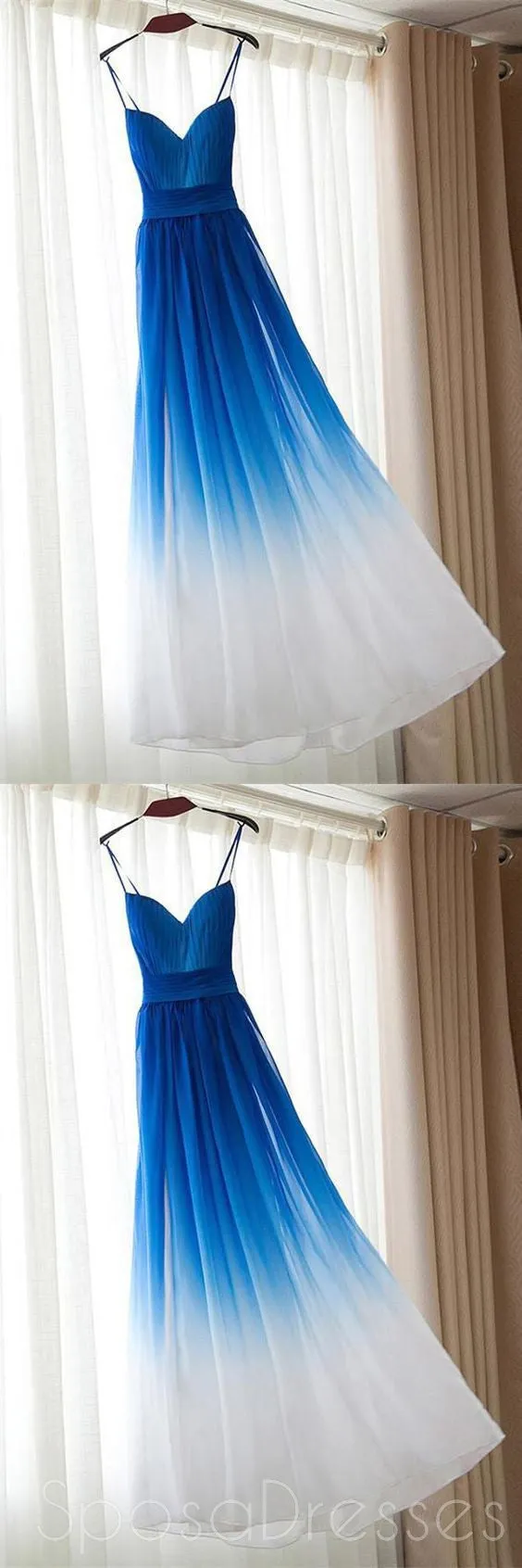 Ombre Blue Chiffon Sweetheart Neckline Long Evening Prom Dresses, Popular Cheap Long Custom Party Prom Dresses, 17314
