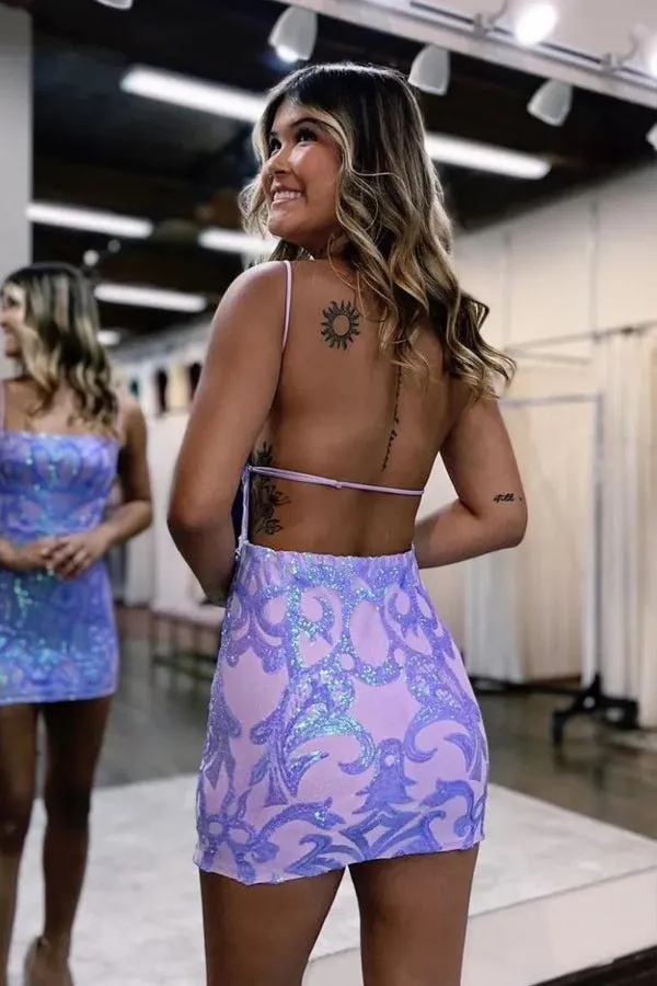 Open Back Short Prom Dress Purple Homecoming Dress TN417