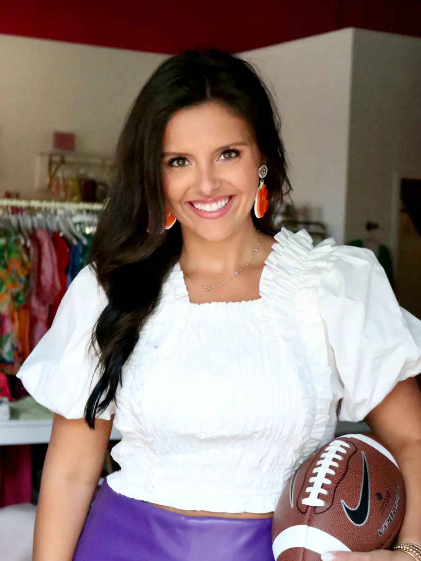 Orange and White Clemson Paw Earring