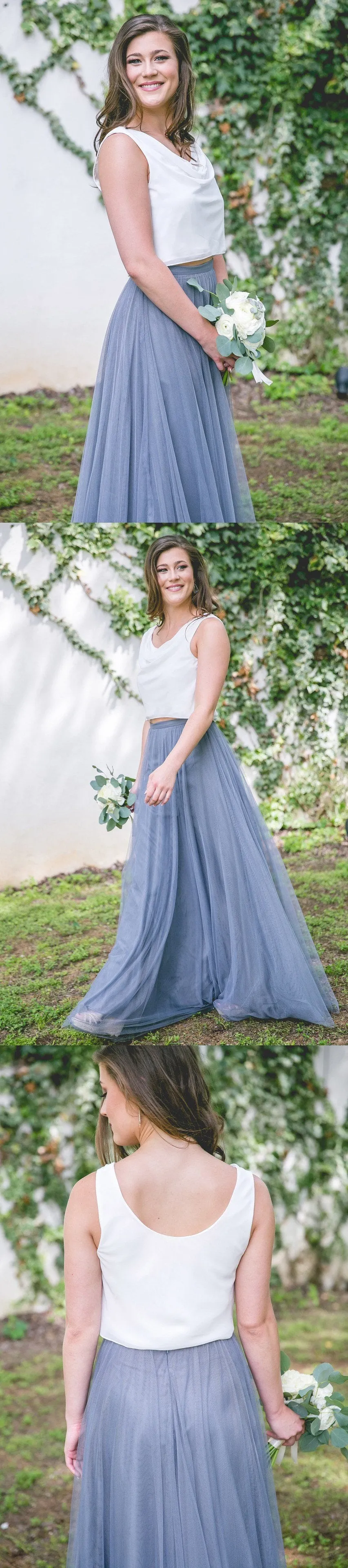 Popular Cheap Junior Off Shoulder Scoop Neck White Blush Pink Tulle Long Bridesmaid Dresses, WG40
