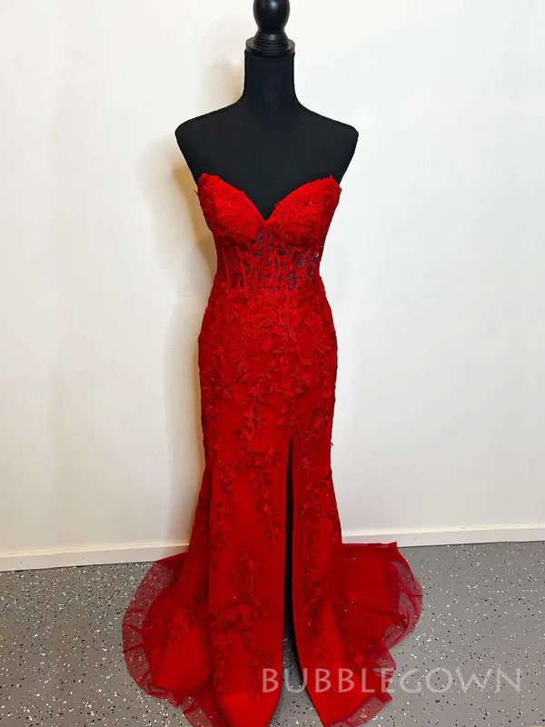Popular Mermaid Tulle Appliques Sweetheart Long Sleeves Long Evening Prom Dresses, Custom Strapless Prom Dresses, BGS0279