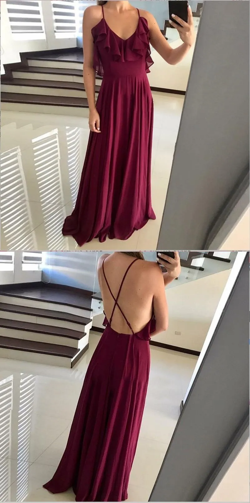 Popular Modest Simple Spaghetti Straps  Burgundy Chiffon Bridesmaid Dresses, prom dresses , WG282
