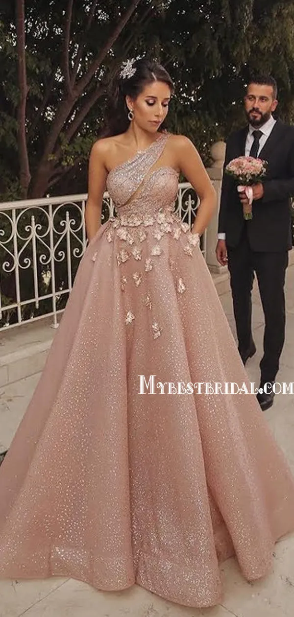 Popular One Shoulder A-line Long Prom Dresses Online, PDS0170