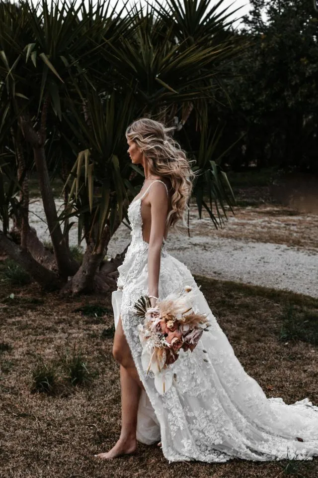 Popular V-ncek Side Slit Open Back Mermaid Simple Wedding Dresses. WDS0099