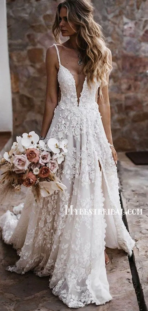 Popular V-ncek Side Slit Open Back Mermaid Simple Wedding Dresses. WDS0099