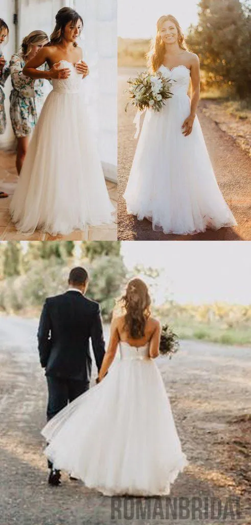 Pure white lace beach wedding dress, Strapless Floor-length Sleeveless wedding Dress, WD0318