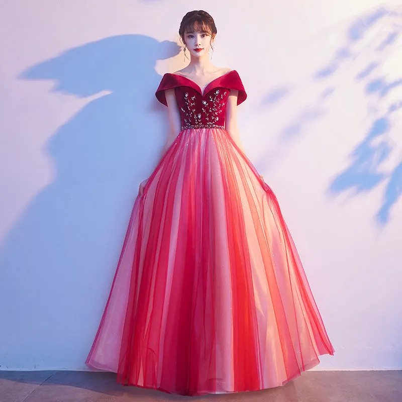 Red Tulle Velvet Top Beaded Off Shoulder Long Party Dress, A-line Red Prom Dresses