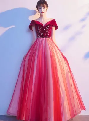 Red Tulle Velvet Top Beaded Off Shoulder Long Party Dress, A-line Red Prom Dresses