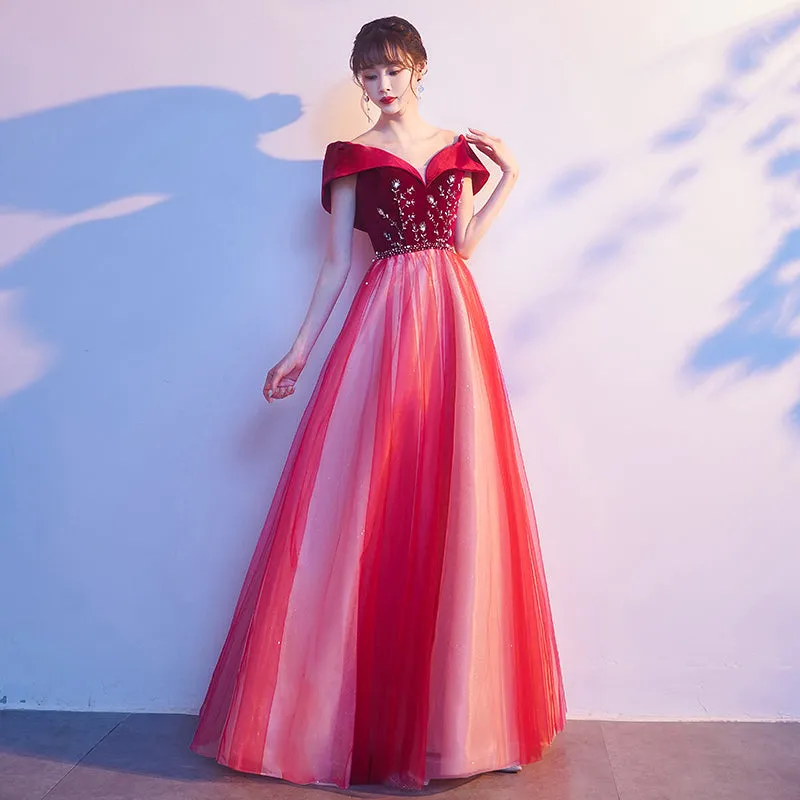 Red Tulle Velvet Top Beaded Off Shoulder Long Party Dress, A-line Red Prom Dresses
