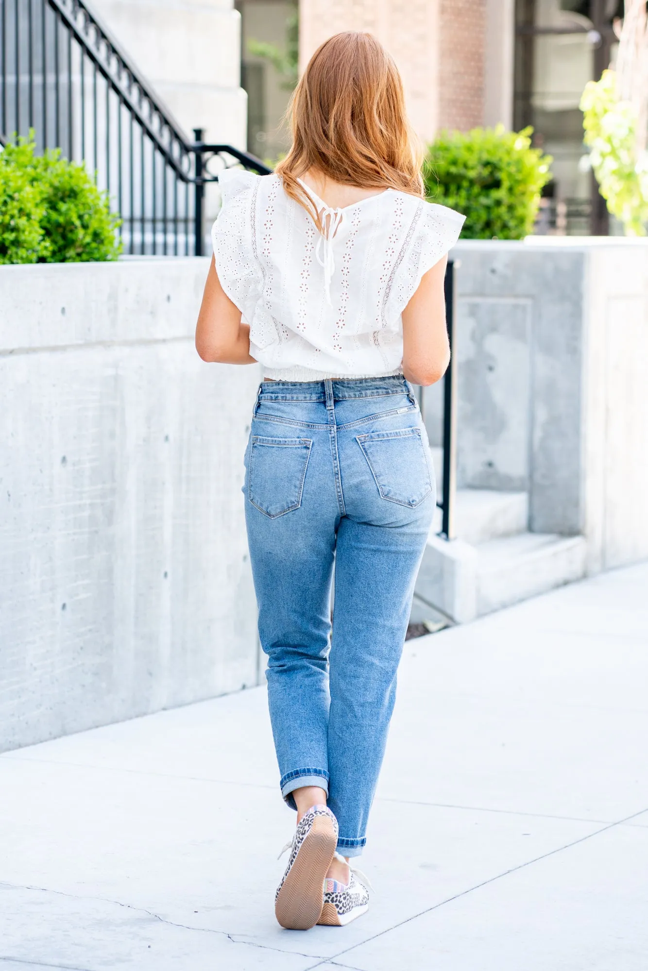 Ruffle Sleeve Eyelet Mixed Blouse - White
