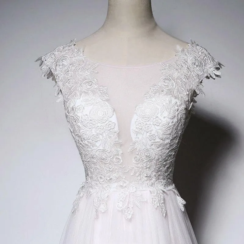 Scoop Neck  V-Back Long Floor-Length Lace Appliques Beach Popular Wedding Dresses,WD0298