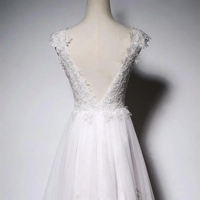 Scoop Neck  V-Back Long Floor-Length Lace Appliques Beach Popular Wedding Dresses,WD0298