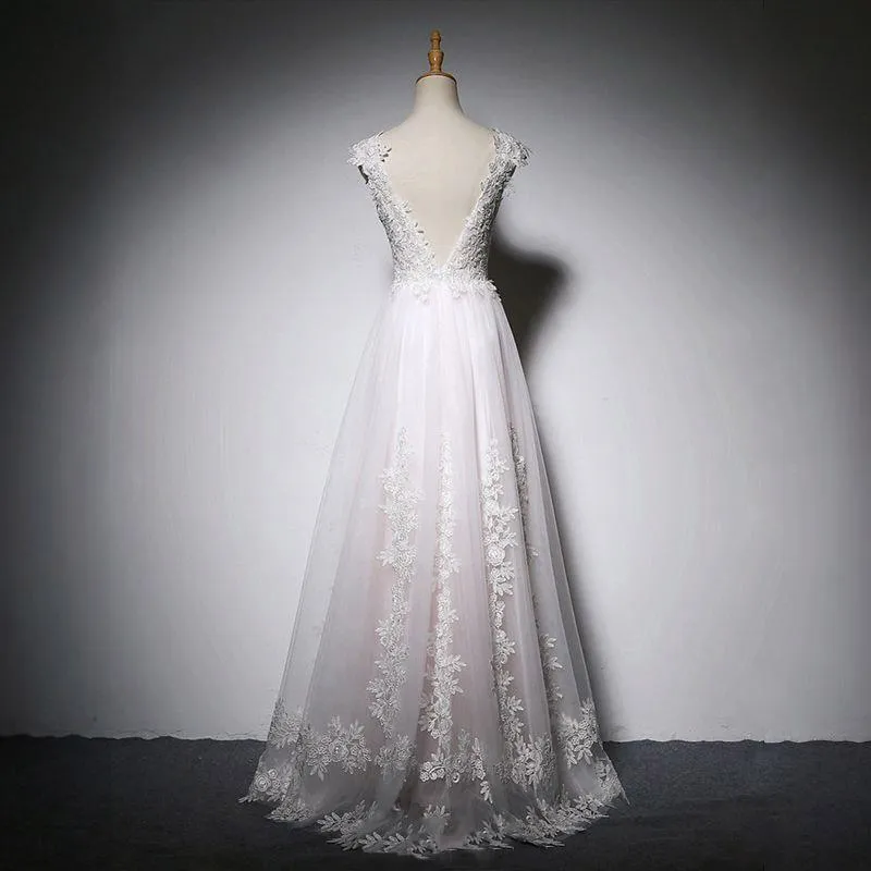 Scoop Neck  V-Back Long Floor-Length Lace Appliques Beach Popular Wedding Dresses,WD0298