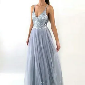 Sexy Backless Gray Sequin Tulle Long Evening Prom Dresses, Popular Cheap Long 2018 Party Prom Dresses, 17290