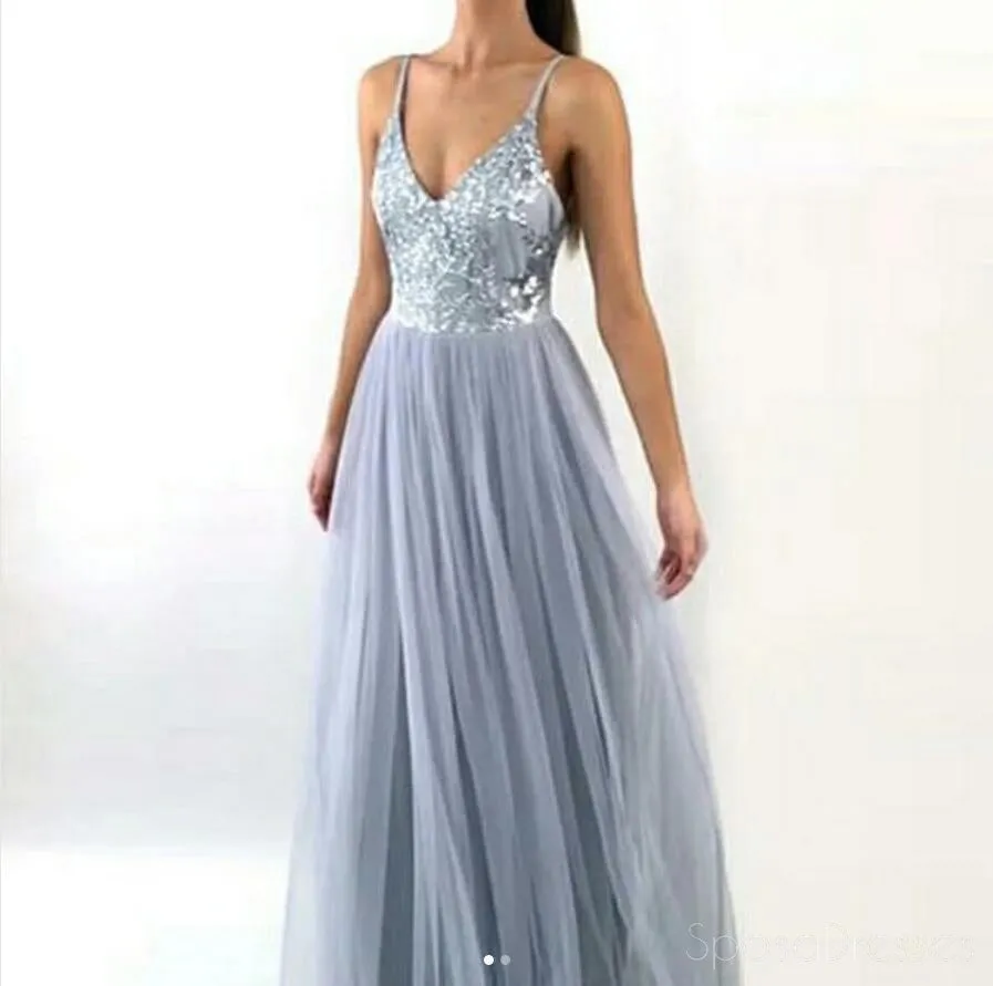 Sexy Backless Gray Sequin Tulle Long Evening Prom Dresses, Popular Cheap Long 2018 Party Prom Dresses, 17290