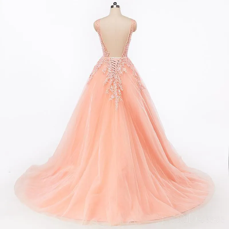 Sexy Backless V Neckline Lace A line Peach Long Evening Prom Dresses, Popular Cheap Long 2018 Party Prom Dresses, 17227