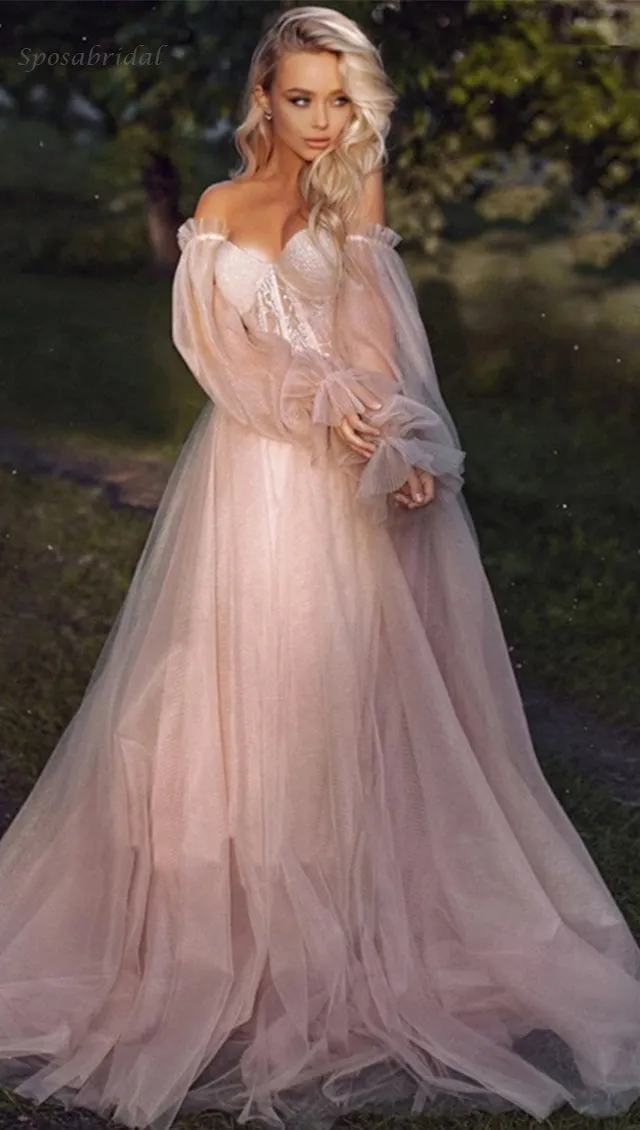 Sexy Blush Pink Off-shoulder Sweetheart A-line Lace Top Long Prom Dress, PD3351