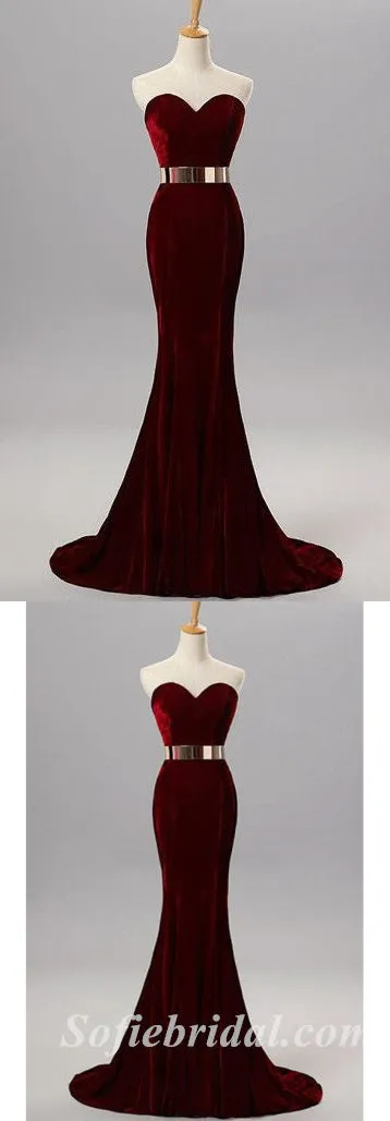 Sexy Burgandy Velvet Sweetheart Sleeveless Mermaid Long Prom Dresses With Metal Belt,SFPD0427
