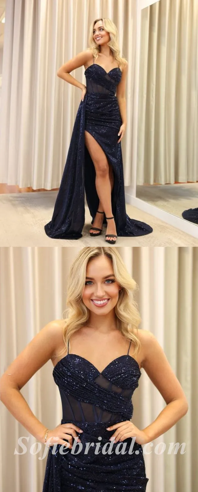 Sexy Charming Sequin And Tulle Spaghetti Straps V-Neck Sleeveless Side Slit Mermaid Long Prom Dresses,SFPD0530
