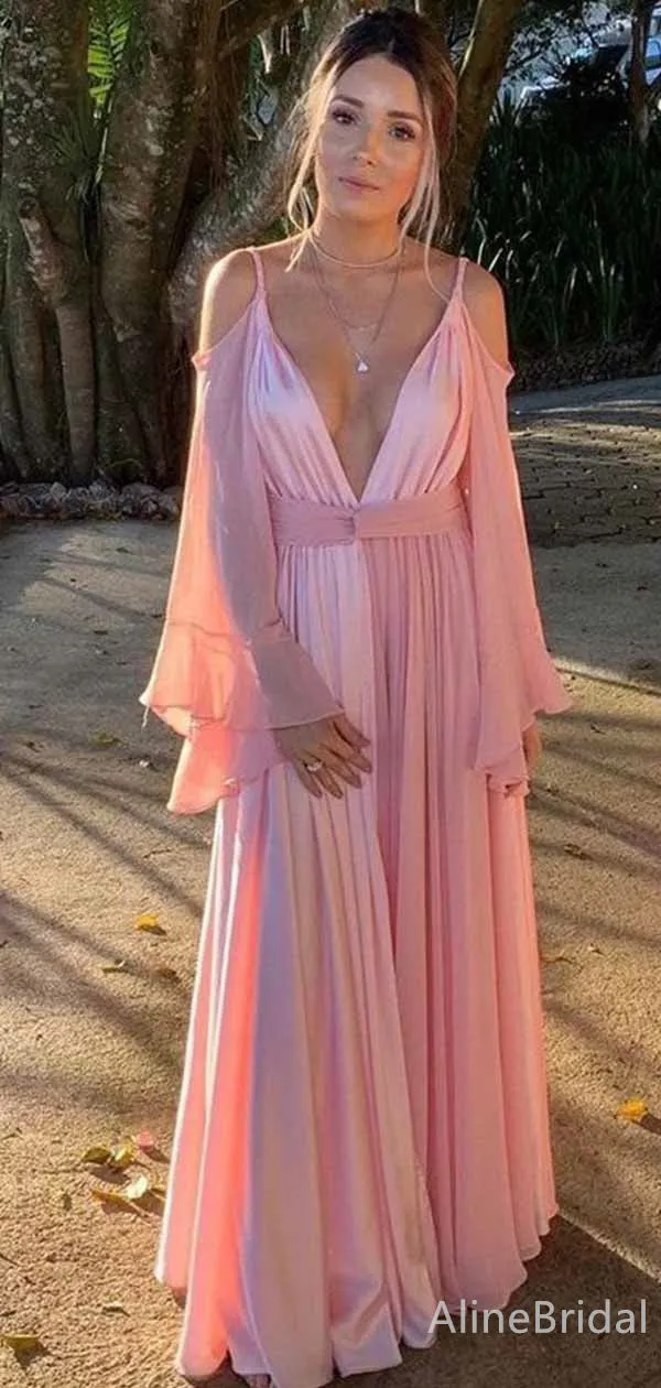 Sexy Deep V-neck Spaghetti Strap Long Sleeves A-line Long Prom Dress,PD381981