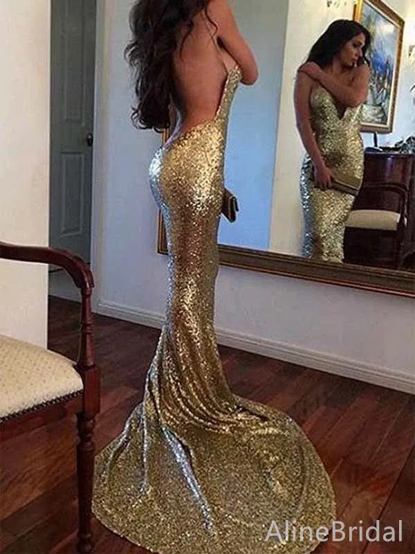 Sexy Deep V-neck Spaghetti Strap Mermaid Long Prom Dress,PD381880