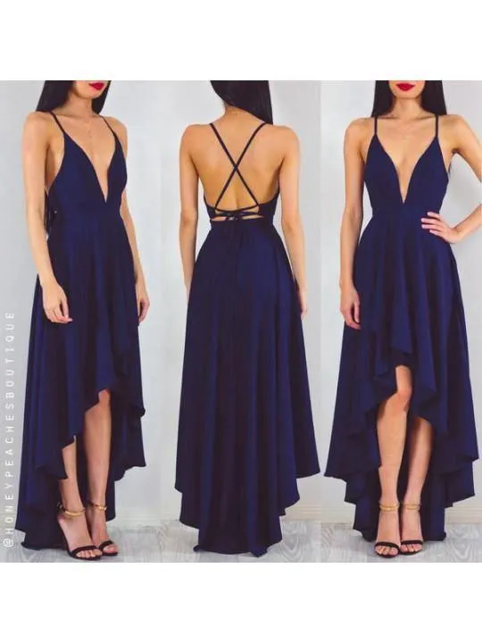 Sexy High Low V-Neck Backless Sequined A Line Cheap Prom Dresses TP0831