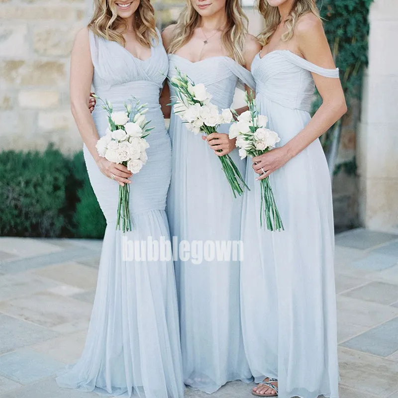 Sexy Off-the-shoulder Light Blue Long Bridesmaid Dresses BMD003