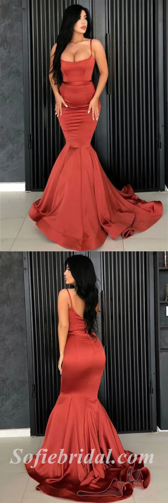 Sexy Rust Satin Spaghetti Straps Sleeveless Mermaid Long Prom Dresses,SFPD0503